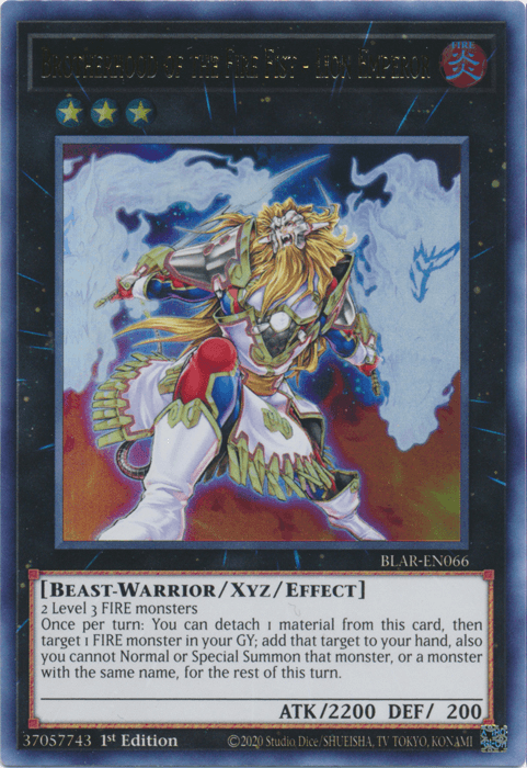 1st Edition, Battles of Legend: Armageddon, Beast-Warrior, Fire, Ultra Rare, Xyz/Effect Monster Brotherhood of the Fire Fist - Lion Emperor [BLAR-EN066] Ultra Rare - Trading Card World