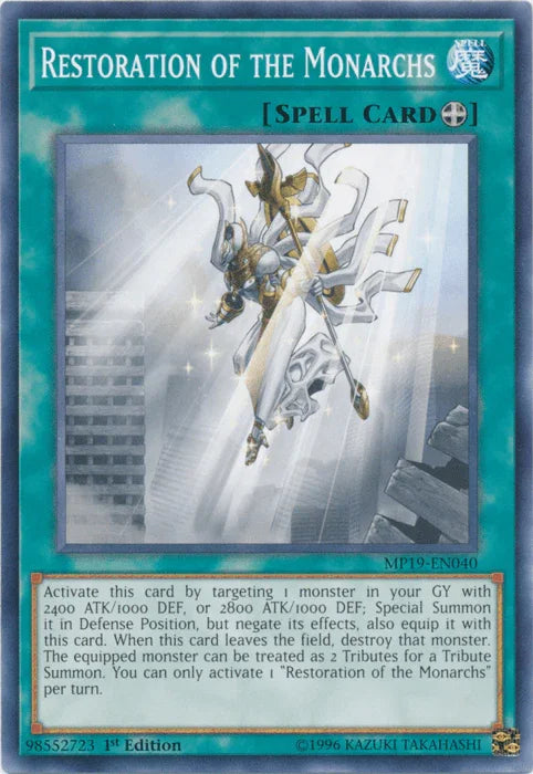 1st Edition, 2019 Gold Sarcophagus Tin Mega Pack, Common, Equip Spell, Spell, Unlimited Restoration of the Monarchs [MP19-EN040] Common - Trading Card World