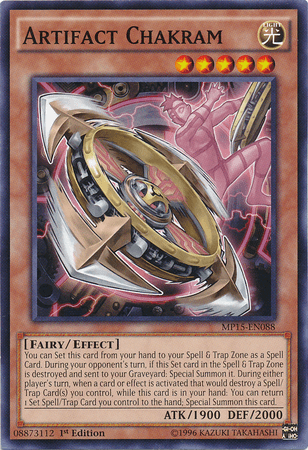 1st Edition, 2015 Mega-Tins Mega Pack, Common, Effect Monster, Fairy, Light Artifact Chakram [MP15-EN088] Common - Trading Card World