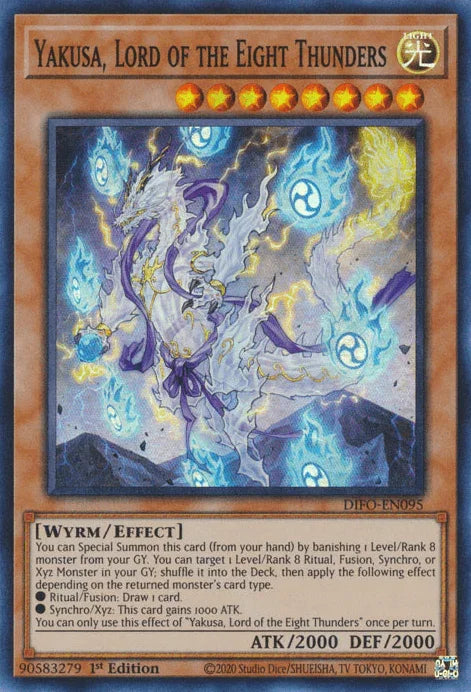 1st Edition, Dimension Force, Effect Monster, Light, Super Rare, Wyem Yakusa, Lord of the Eight Thunders [DIFO-EN095] Super Rare - Trading Card World