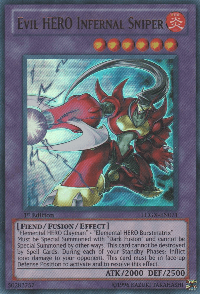 1st Edition, Fiend, Fire, Fusion/Effect Monster, Legendary Collection 2, Ultra Rare, Unlimited Evil HERO Infernal Sniper [LCGX-EN071] Ultra Rare - Trading Card World