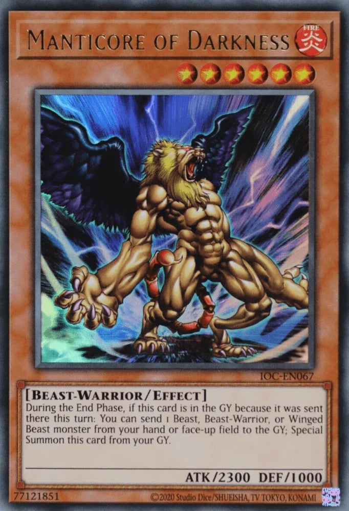 Beast-Warrior, Effect Monster, Fire, Invasion of Chaos (25th Anniversary Edition), Ultra Rare, Unlimited Manticore of Darkness (25th Anniversary) [IOC-EN067] Ultra Rare - Trading Card World
