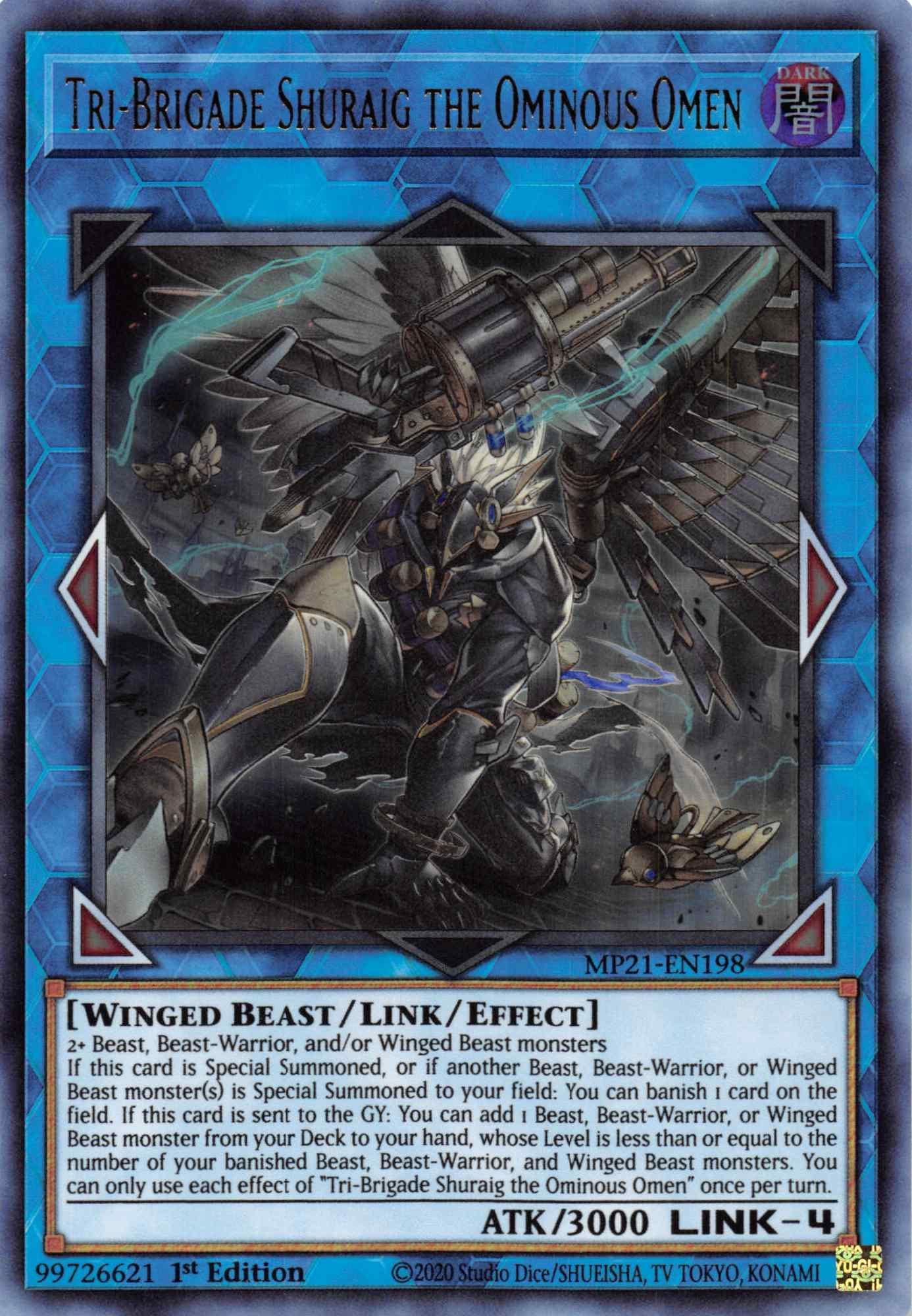 1st Edition, 2021 Tin of Ancient Battles, Dark, Link/Effect Monster, Ultra Rare, Winged Beast Tri-Brigade Shuraig the Ominous Omen [MP21-EN198] Ultra Rare - Trading Card World