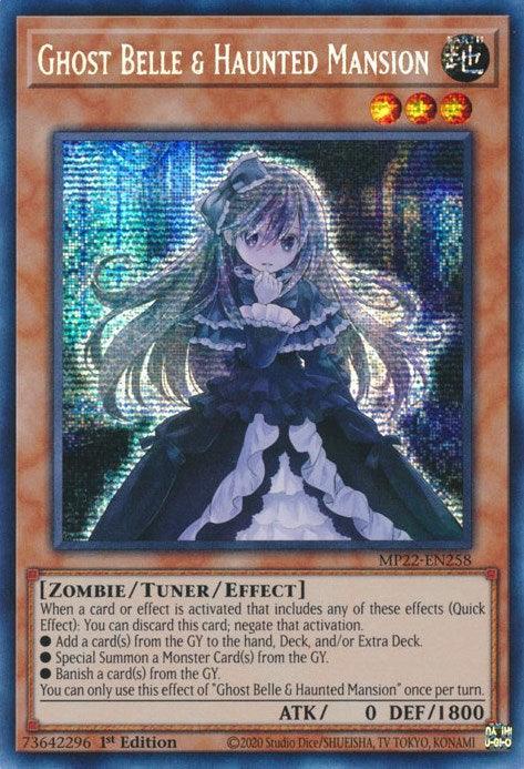 1st Edition, 2022 Tin of the Pharaoh's Gods, Earth, Prismatic Secret Rare, Tuner/Effect Monster, Zombie Ghost Belle & Haunted Mansion [MP22-EN258] Prismatic Secret Rare - Trading Card World