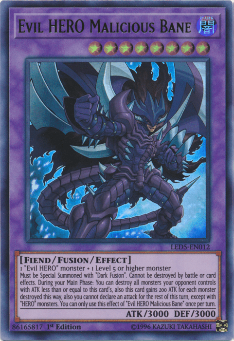 1st Edition, Dark, Fiend, Fusion/Effect Monster, Legendary Duelists: Immortal Destiny, Ultra Rare Evil Hero Malicious Bane [LED5-EN012] Ultra Rare - Trading Card World