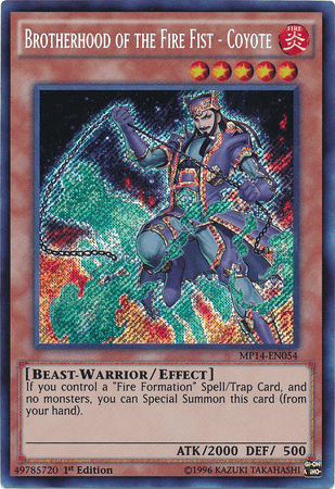 1st Edition, 2014 Mega-Tins Mega Pack, Beast-Warrior, Effect Monster, Fire, Secret Rare Brotherhood of the Fire Fist - Coyote [MP14-EN054] Secret Rare - Trading Card World