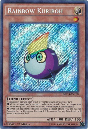 1st Edition, 2014 Mega-Tins Mega Pack, Effect Monster, Fiend, Light, Secret Rare Rainbow Kuriboh [MP14-EN188] Secret Rare - Trading Card World