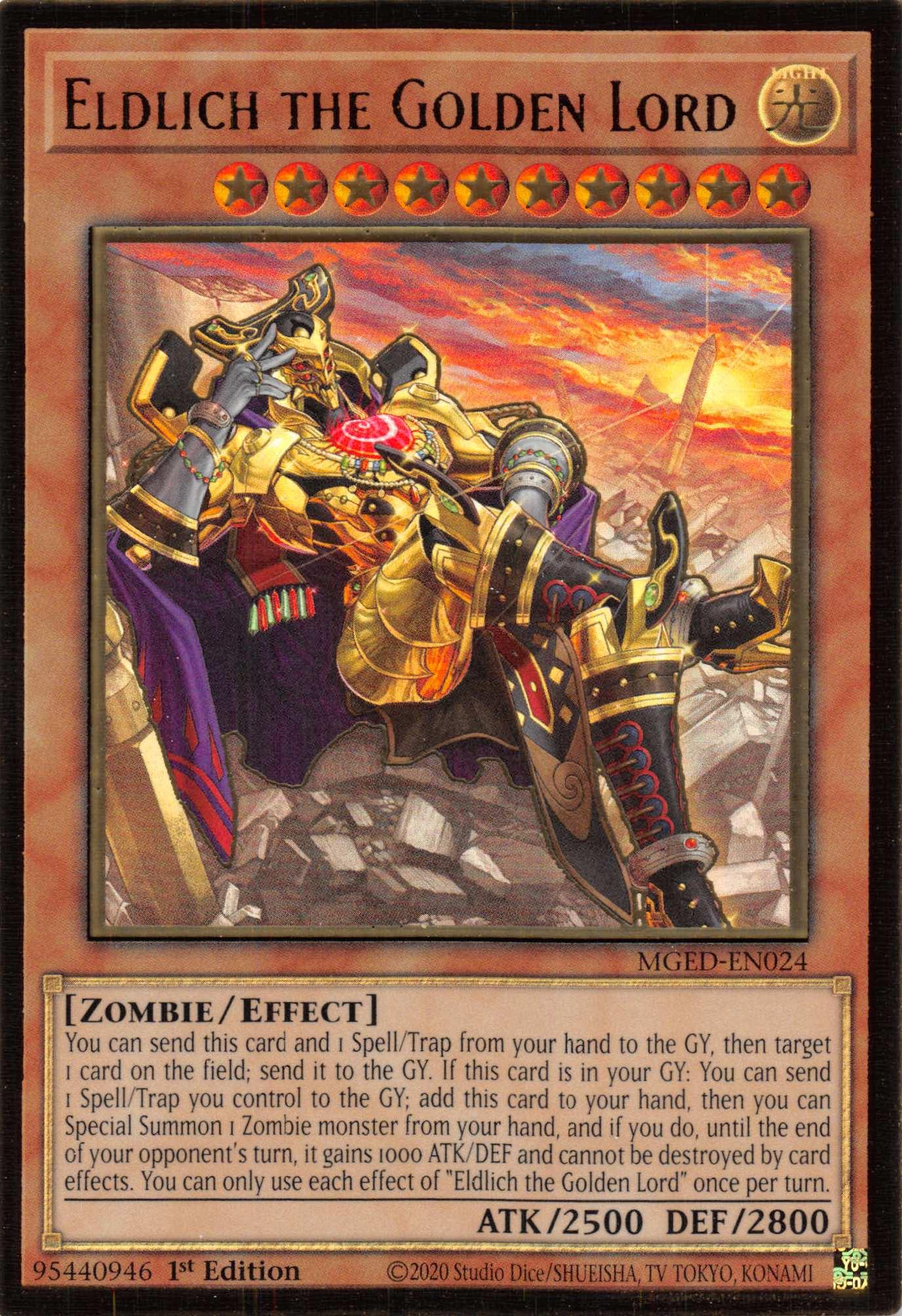 1st Edition, Effect Monster, Gold Rare, Light, Maximum Gold: El Dorado, Zombie Eldlich the Golden Lord (Alternate Art) [MGED-EN024] Gold Rare - Trading Card World