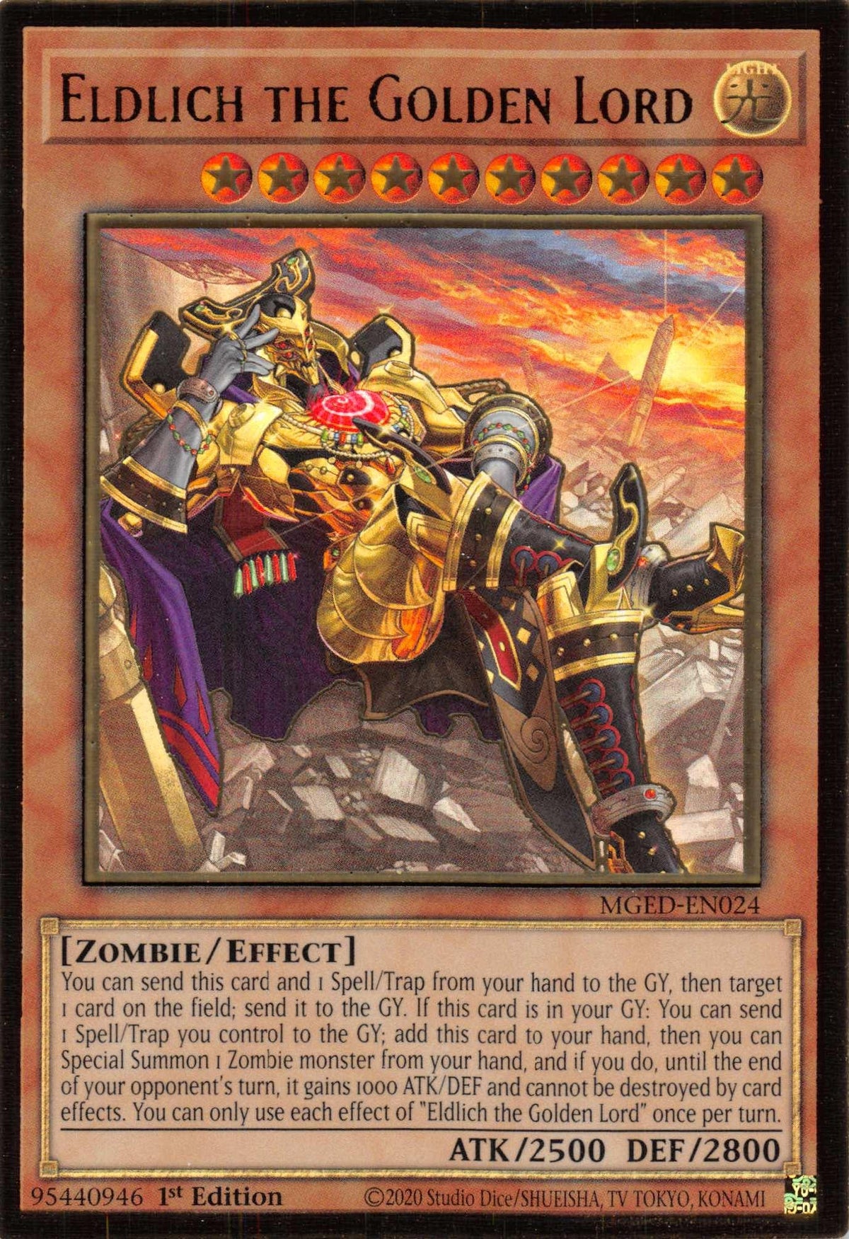 1st Edition, Effect Monster, Gold Rare, Light, Maximum Gold: El Dorado, Zombie Eldlich the Golden Lord (Alternate Art) [MGED-EN024] Gold Rare - Trading Card World