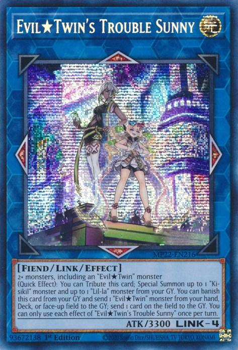 1st Edition, 2022 Tin of the Pharaoh's Gods, Fiend, Light, Link/Effect Monster, Prismatic Secret Rare Evil Twin's Trouble Sunny [MP22-EN216] Prismatic Secret Rare - Trading Card World