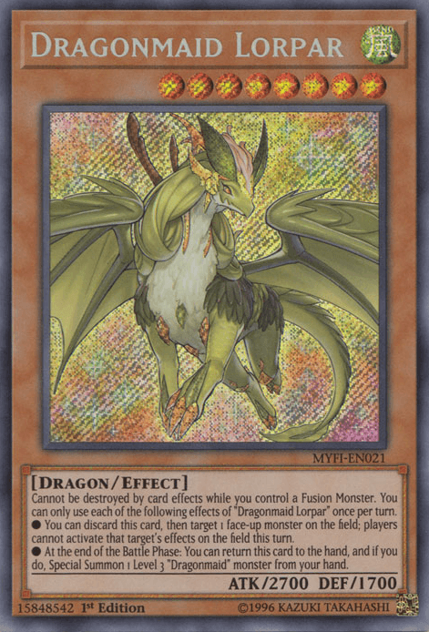 1st Edition, Dragon, Effect Monster, Mystic Fighters, Secret Rare, Wind Dragonmaid Lorpar [MYFI-EN021] Secret Rare - Trading Card World