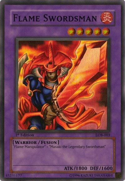 1st Edition, Fire, Fusion Monster, Super Rare, The Legend of Blue Eyes White Dragon, Unlimited, Warrior Flame Swordsman [LOB-003] Super Rare - Trading Card World