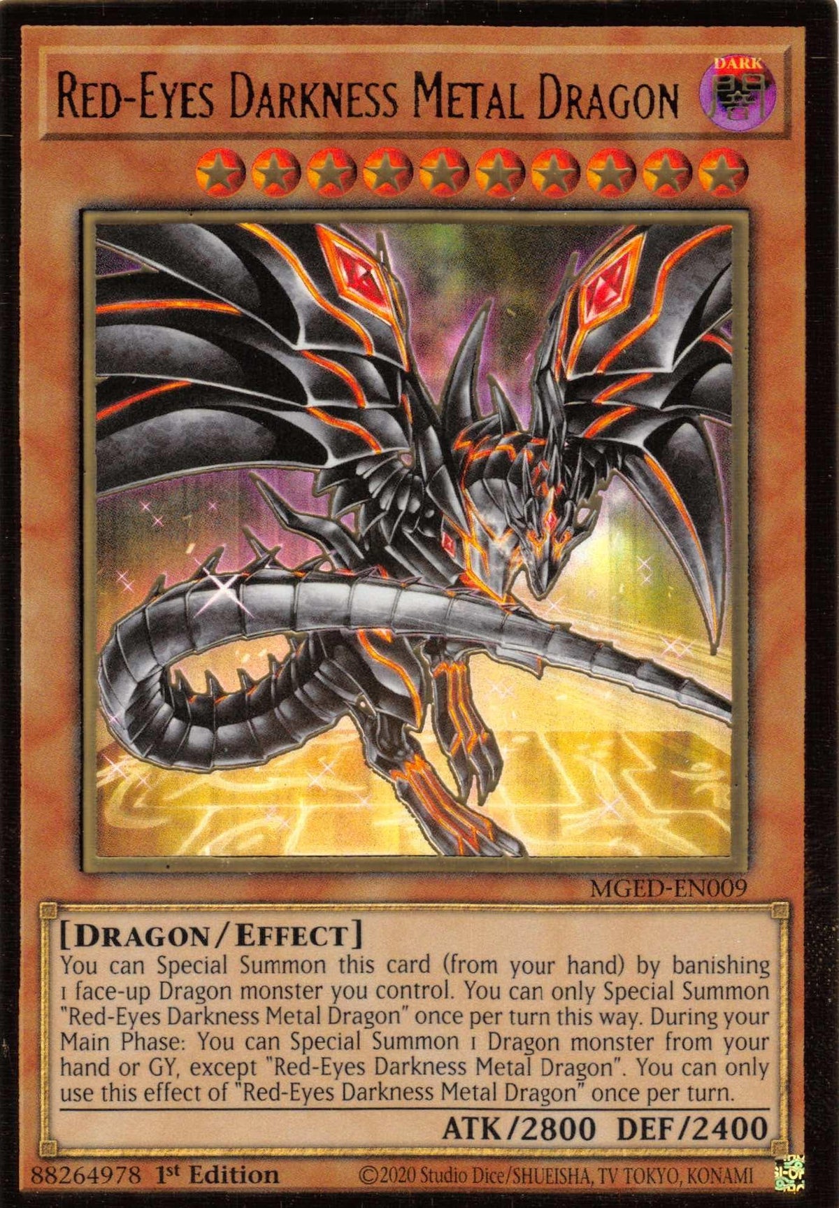 1st Edition, Dark, Dragon, Effect Monster, Gold Rare, Maximum Gold: El Dorado Red-Eyes Darkness Metal Dragon (Alternate Art) [MGED-EN009] Gold Rare - Trading Card World