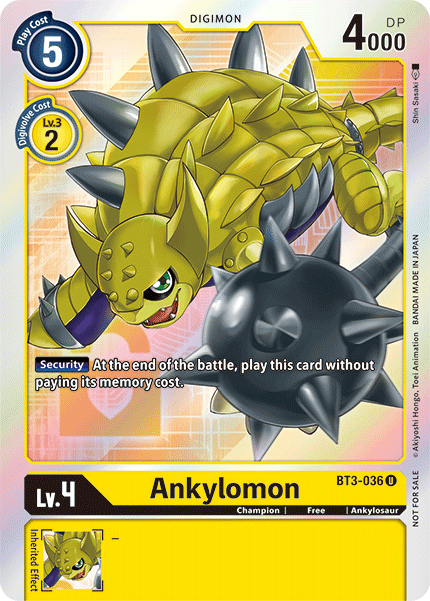 Ankylosaur, BT3-036, Champion, Digimon, Free, Release Special Booster Ver.1.5 Promos, Uncommon, Yellow Ankylomon [BT3-036] (Buy-A-Box Promo) [Release Special Booster Ver.1.5 Promos] - Trading Card World