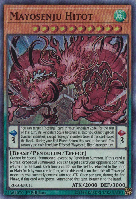 1st Edition, Beast, Pendulum/Effect Monster, Rising Rampage, Super Rare, Unlimited, Wind Mayosenju Hitot [RIRA-EN011] Super Rare - Trading Card World