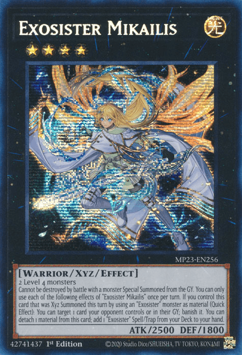 1st Edition, Dueling Heroes Collectors Tin - Mega Pack (25th Anniversary Edition), Light, Prismatic Secret Rare, Warrior, Xyz/Effect Monster Exosister Mikailis [MP23-EN256] Prismatic Secret Rare - Trading Card World