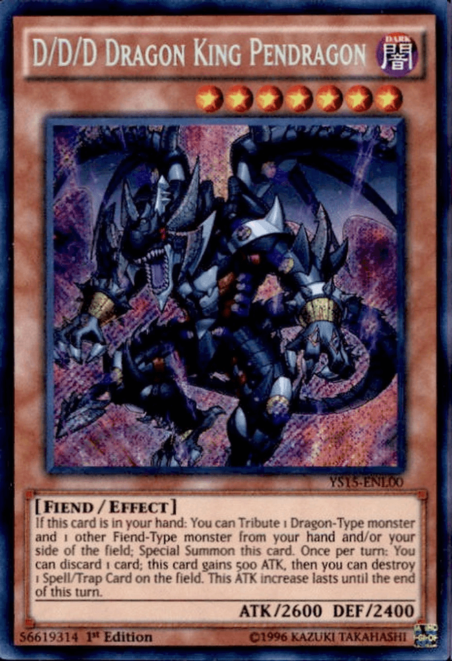 1st Edition, Dark, Effect Monster, Fiend, Secret Rare, Starter Deck: Dark Legion D/D/D Dragon King Pendragon [YS15-ENL00] Secret Rare - Trading Card World