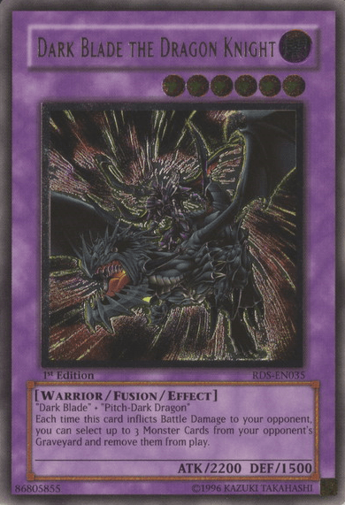 1st Edition, Dark, Fusion/Effect Monster, Rise of Destiny, Ultimate Rare, Unlimited, Warrior Dark Blade the Dragon Knight [RDS-EN035] Ultimate Rare - Trading Card World