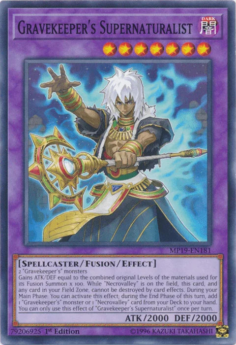 1st Edition, 2019 Gold Sarcophagus Tin Mega Pack, Common, Dark, Fusion/Effect Monster, Spellcaster, Unlimited Gravekeeper's Supernaturalist [MP19-EN181] Common - Trading Card World