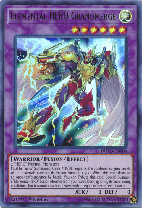 1st Edition, Duel Power, Fusion/Effect Monster, Light, Ultra Rare, Unlimited, Warrior Elemental Hero Grandmerge [DUPO-EN004] Ultra Rare - Trading Card World