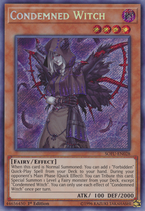 1st Edition, Dark, Effect Monster, Fairy, Secret Rare, Soul Fusion, Unlimited Condemned Witch [SOFU-EN028] Secret Rare - Trading Card World