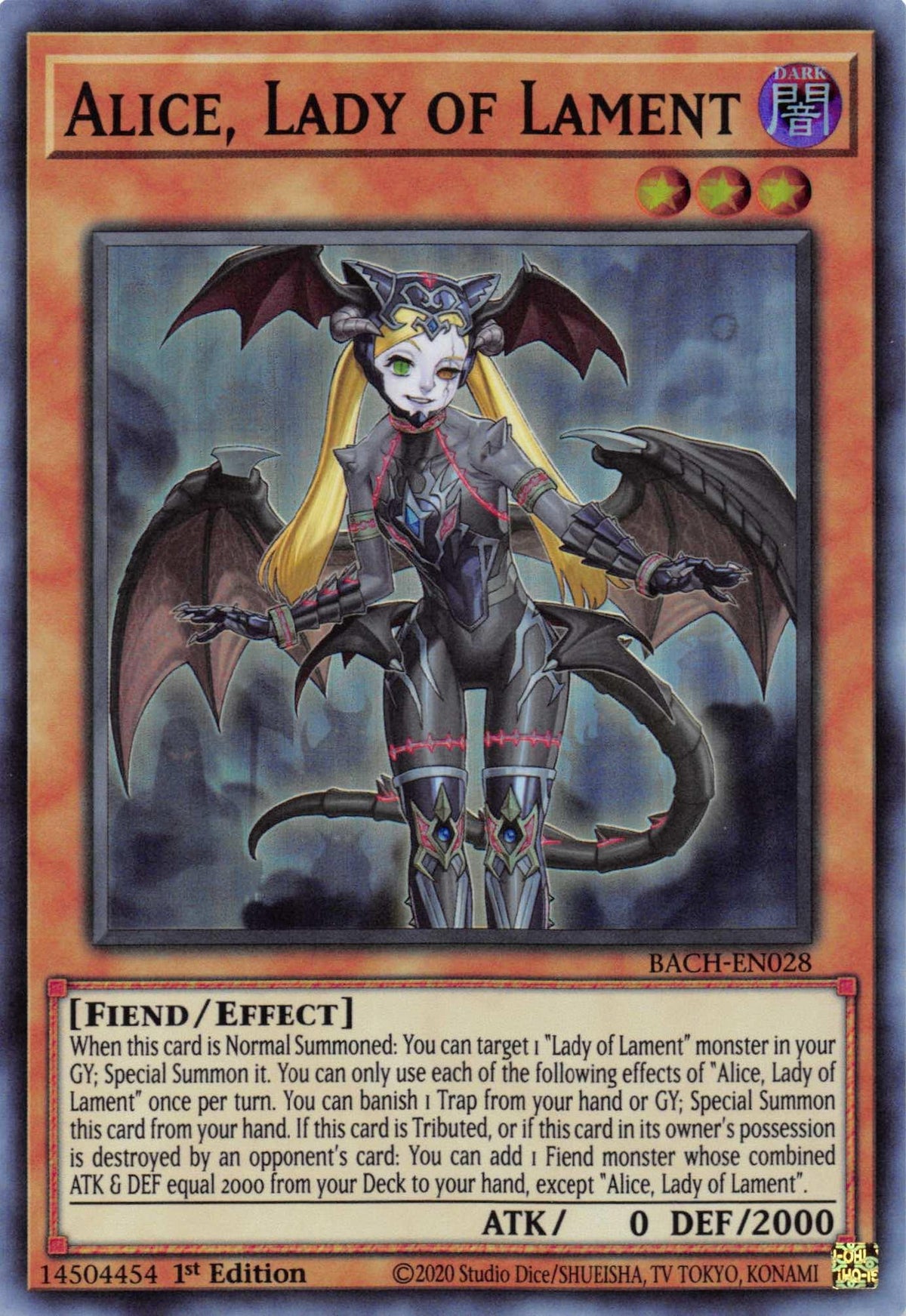 1st Edition, Battle of Chaos, Dark, Effect Monster, Fiend, Super Rare Alice, Lady of Lament [BACH-EN028] Super Rare - Trading Card World