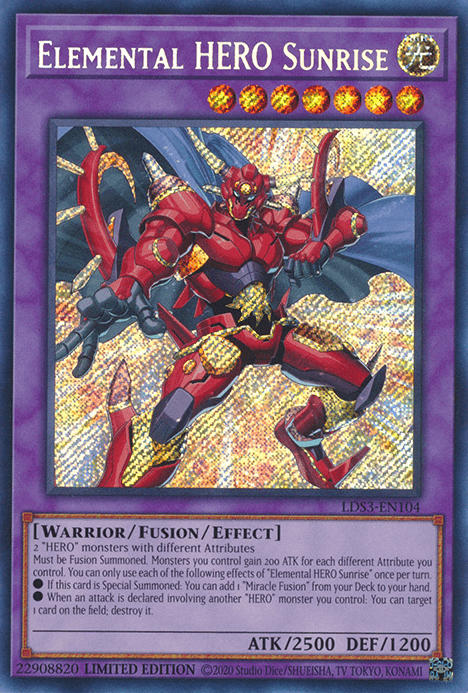 Fusion/Effect Monster, Legendary Duelists: Season 3, Light, Limited, Secret Rare, Warrior Elemental HERO Sunrise [LDS3-EN104] Secret Rare - Trading Card World