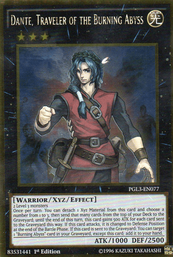 1st Edition, Gold Rare, Light, Premium Gold: Infinite Gold, Warrior, Xyz/Effect Monster Dante, Traveler of the Burning Abyss [PGL3-EN077] Gold Rare - Trading Card World
