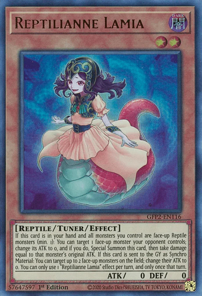 1st Edition, Dark, Ghosts From the Past: The 2nd Haunting, Reptile, Tuner/Effect Monster, Ultra Rare Reptilianne Lamia [GFP2-EN116] Ultra Rare - Trading Card World