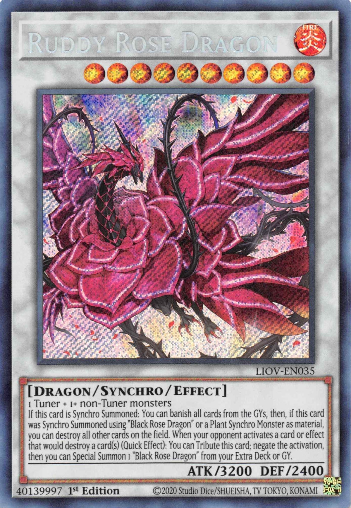 1st Edition, Dragon, Fire, Lightning Overdrive, Secret Rare, Synchro/Effect Monster Ruddy Rose Dragon [LIOV-EN035] Secret Rare - Trading Card World