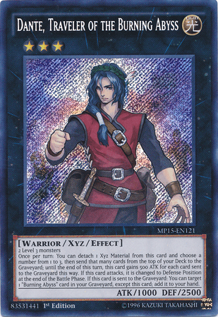 1st Edition, 2015 Mega-Tins Mega Pack, Light, Secret Rare, Warrior, Xyz/Effect Monster Dante, Traveler of the Burning Abyss [MP15-EN121] Secret Rare - Trading Card World