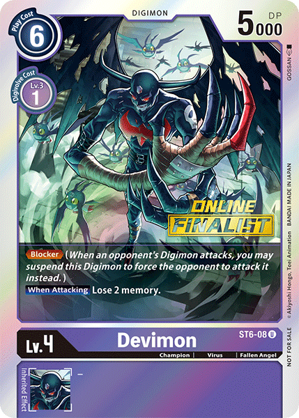 Champion, Digimon, Fallen Angel, Purple, ST6-08, Starter Deck: Venomous Violet Promos, Uncommon, Virus Devimon [ST6-08] (Online Finalist) [Starter Deck: Venomous Violet Promos] - Trading Card World