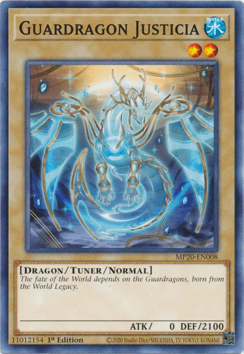 1st Edition, 2020 Tin of Lost Memories, Common, Dragon, Tuner Monster, Water Guardragon Justicia [MP20-EN008] Common - Trading Card World