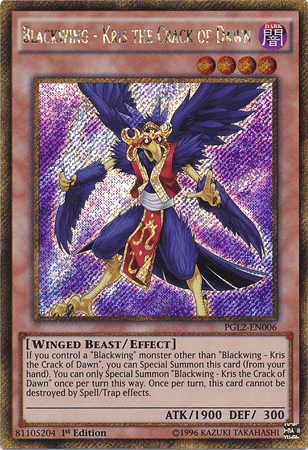 1st Edition, Dark, Effect Monster, Gold Secret Rare, Premium Gold: Return of the Bling, Unlimited, Winged Beast Blackwing - Kris the Crack of Dawn [PGL2-EN006] Gold Secret Rare - Trading Card World