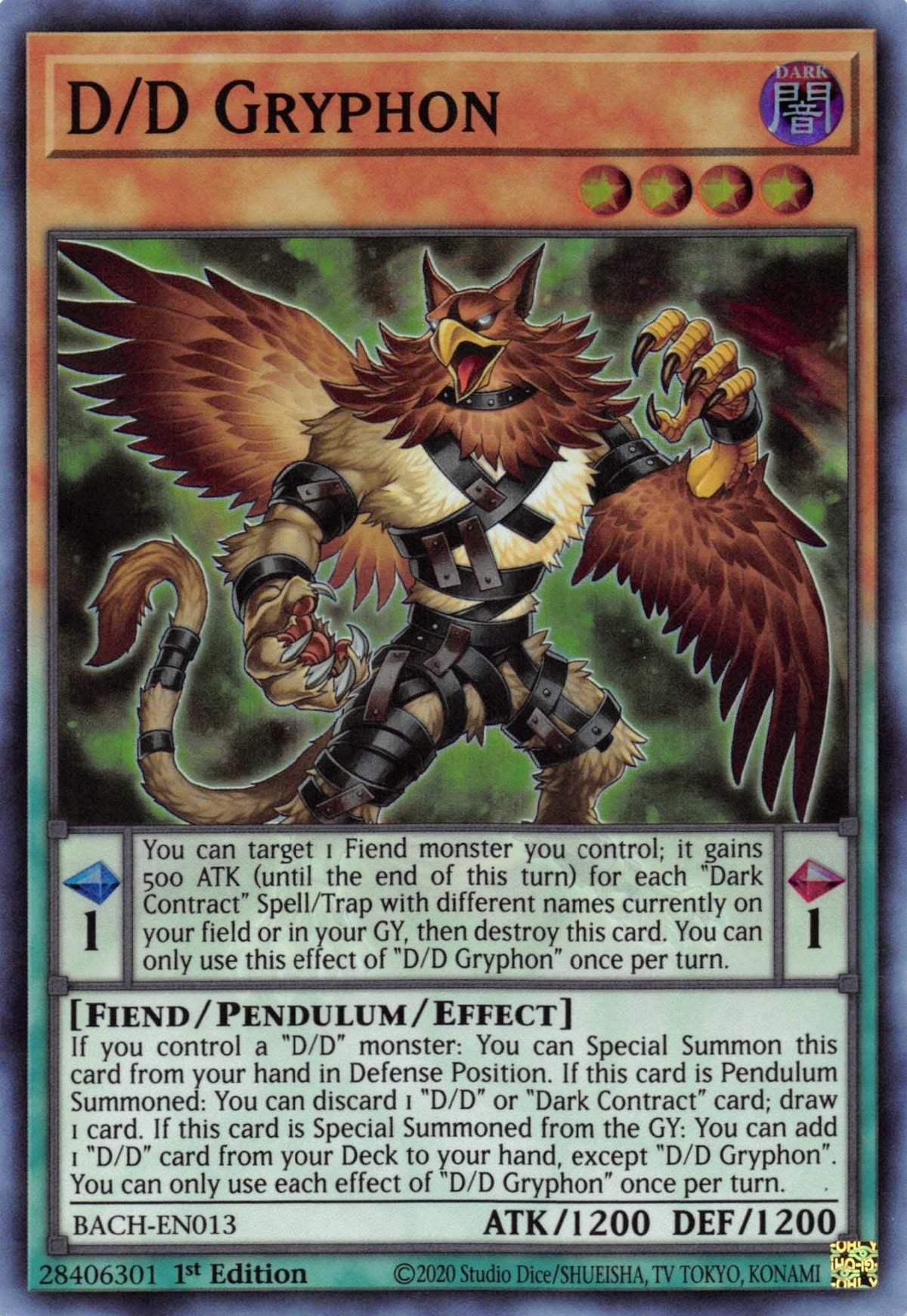 1st Edition, Battle of Chaos, Dark, Fiend, Pendulum/Effect Monster, Super Rare D/D Gryphon [BACH-EN013] Super Rare - Trading Card World