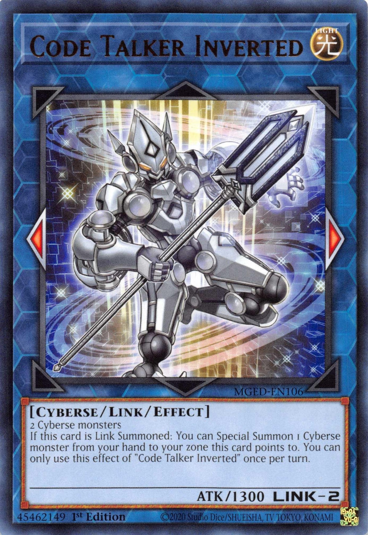 1st Edition, Cyberse, Light, Link/Effect Monster, Maximum Gold: El Dorado, Rare Code Talker Inverted [MGED-EN106] Rare - Trading Card World
