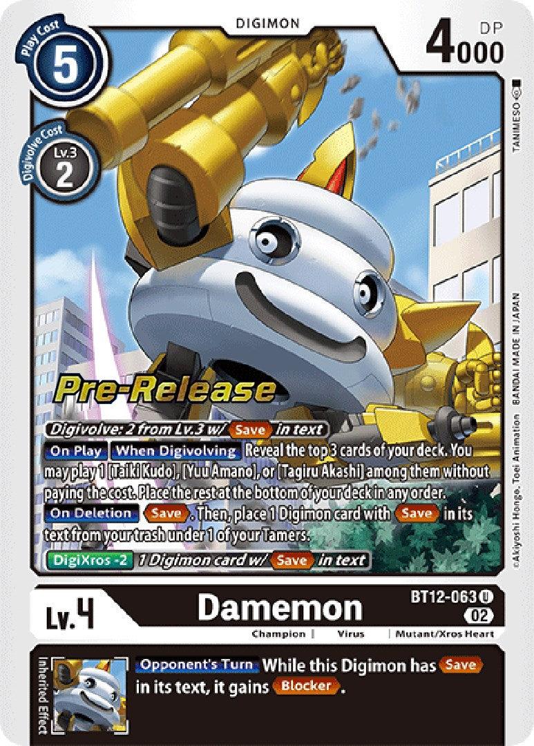Across Time Pre-Release Cards, Black, BT12-063, Champion, Digimon, Mutant/Xros Heart, Uncommon, Virus Damemon [BT12-063] [Across Time Pre-Release Cards] - Trading Card World