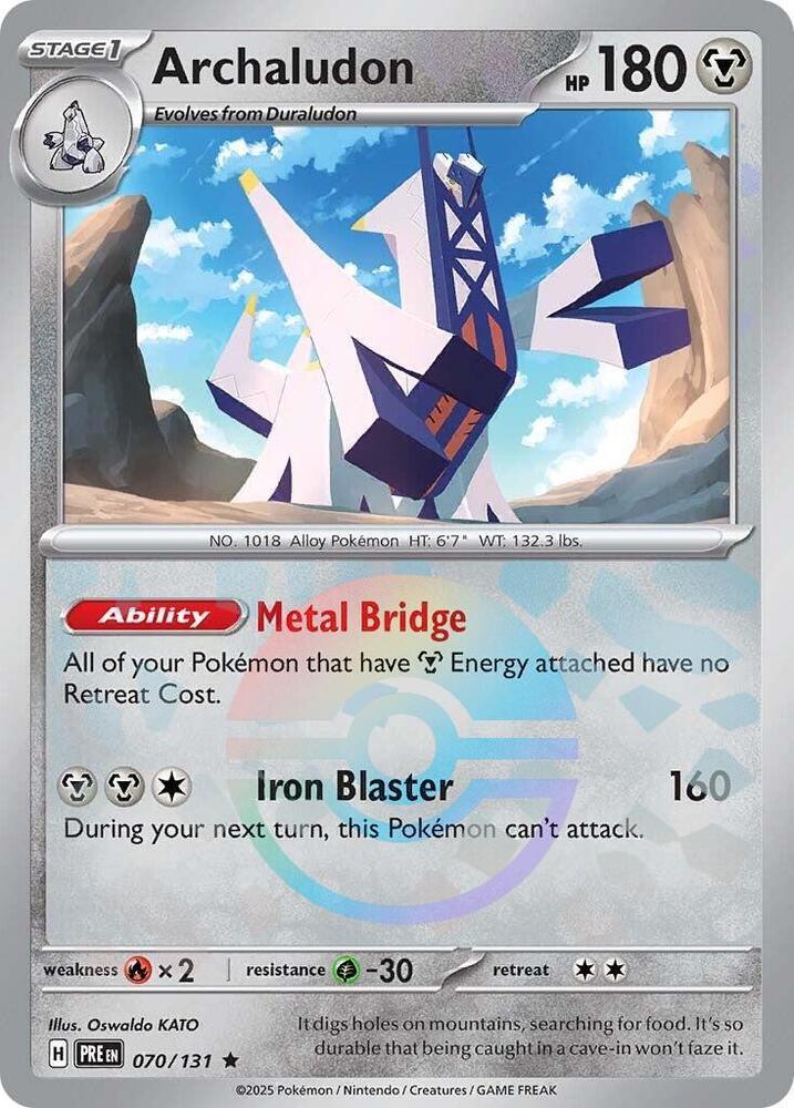 070, Fire [x2], Grass [-30], Holofoil, Metal, Rare, Scarlet & Violet: Prismatic Evolutions Archaludon (070/131) (Poke Ball Pattern) [Scarlet & Violet: Prismatic Evolutions] - Trading Card World
