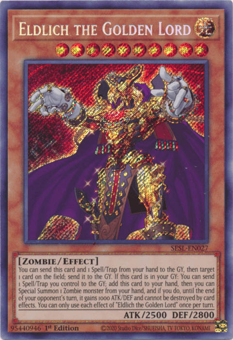 1st Edition, Effect Monster, Light, Secret Rare, Secret Slayers, Zombie Eldlich the Golden Lord [SESL-EN027] Secret Rare - Trading Card World