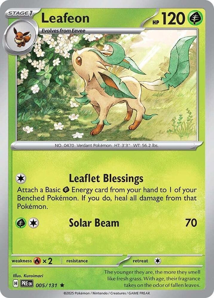 005, Fire [x2], Grass, Holofoil, Rare, Reverse Holofoil, Scarlet & Violet: Prismatic Evolutions Leafeon (005/131) [Scarlet & Violet: Prismatic Evolutions] - Trading Card World
