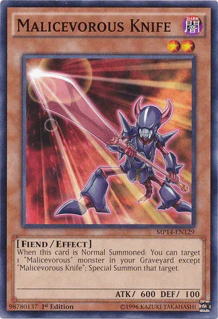 1st Edition, 2014 Mega-Tins Mega Pack, Common, Dark, Effect Monster, Fiend Malicevorous Knife [MP14-EN129] Common - Trading Card World
