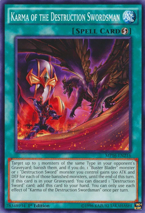 1st Edition, 2016 Mega-Tins Mega Pack, Common, Quick Play Spell, Spell, Unlimited Karma of the Destruction Swordsman [MP16-EN216] Common - Trading Card World