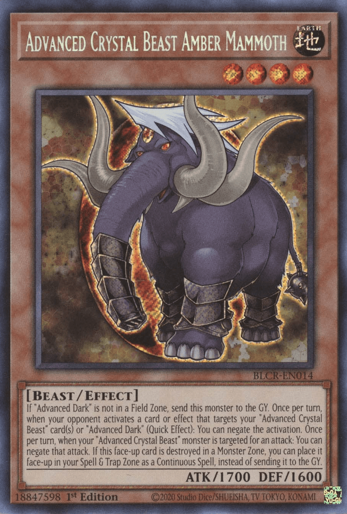 1st Edition, Battles of Legend: Crystal Revenge, Beast, Earth, Effect Monster, Secret Rare Advanced Crystal Beast Amber Mammoth [BLCR-EN014] Secret Rare - Trading Card World