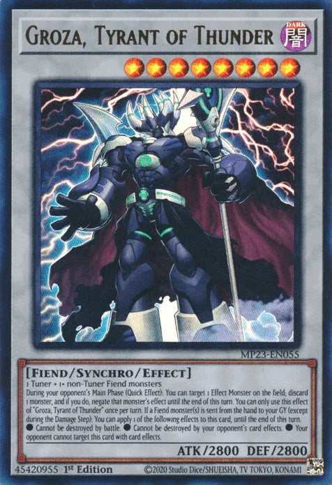 1st Edition, Dark, Dueling Heroes Collectors Tin - Mega Pack (25th Anniversary Edition), Fiend, Synchro/Effect Monster, Ultra Rare Groza, Tyrant of Thunder [MP23-EN055] Ultra Rare - Trading Card World