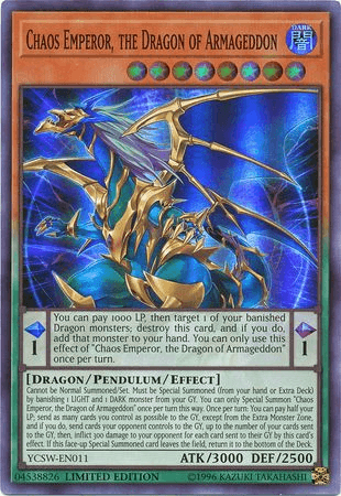 Dark, Dragon, Limited, Pendulum/Effect Monster, Super Rare, Yu-Gi-Oh! Championship Series Prize Cards Chaos Emperor, the Dragon of Armageddon [YCSW-EN011] Super Rare - Trading Card World