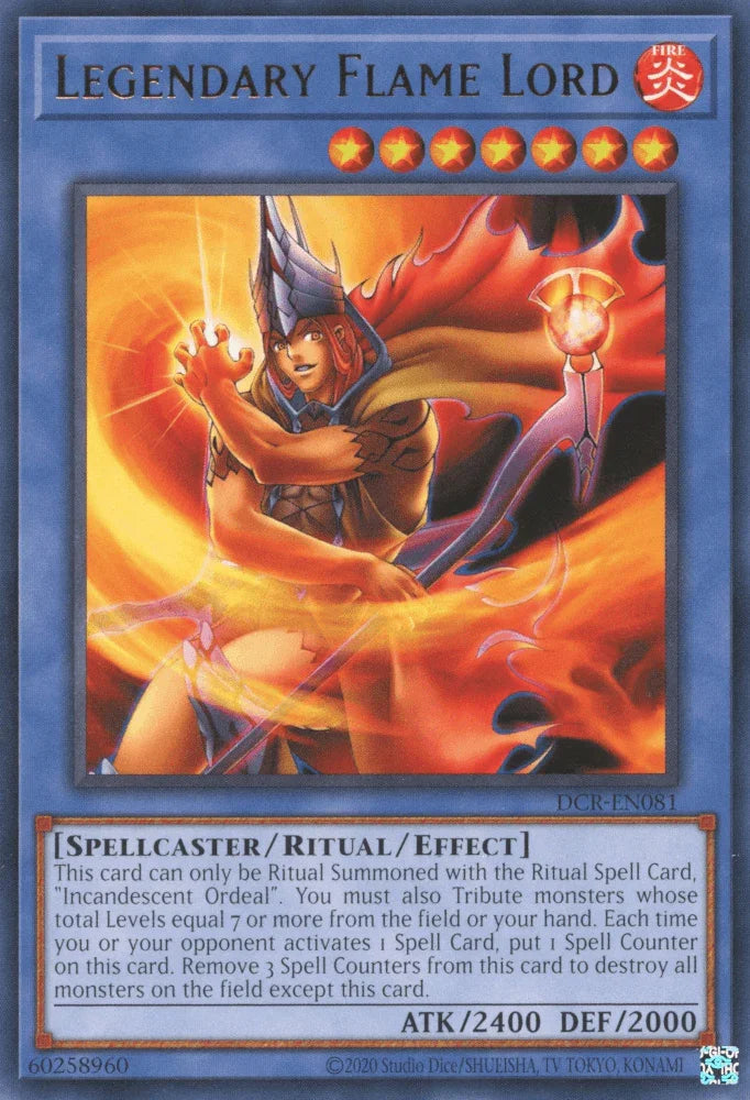 Dark Crisis, Effect Monster, Fire, Rare, Spellcaster, Unlimited Legendary Flame Lord [DCR-EN081] Rare - Trading Card World