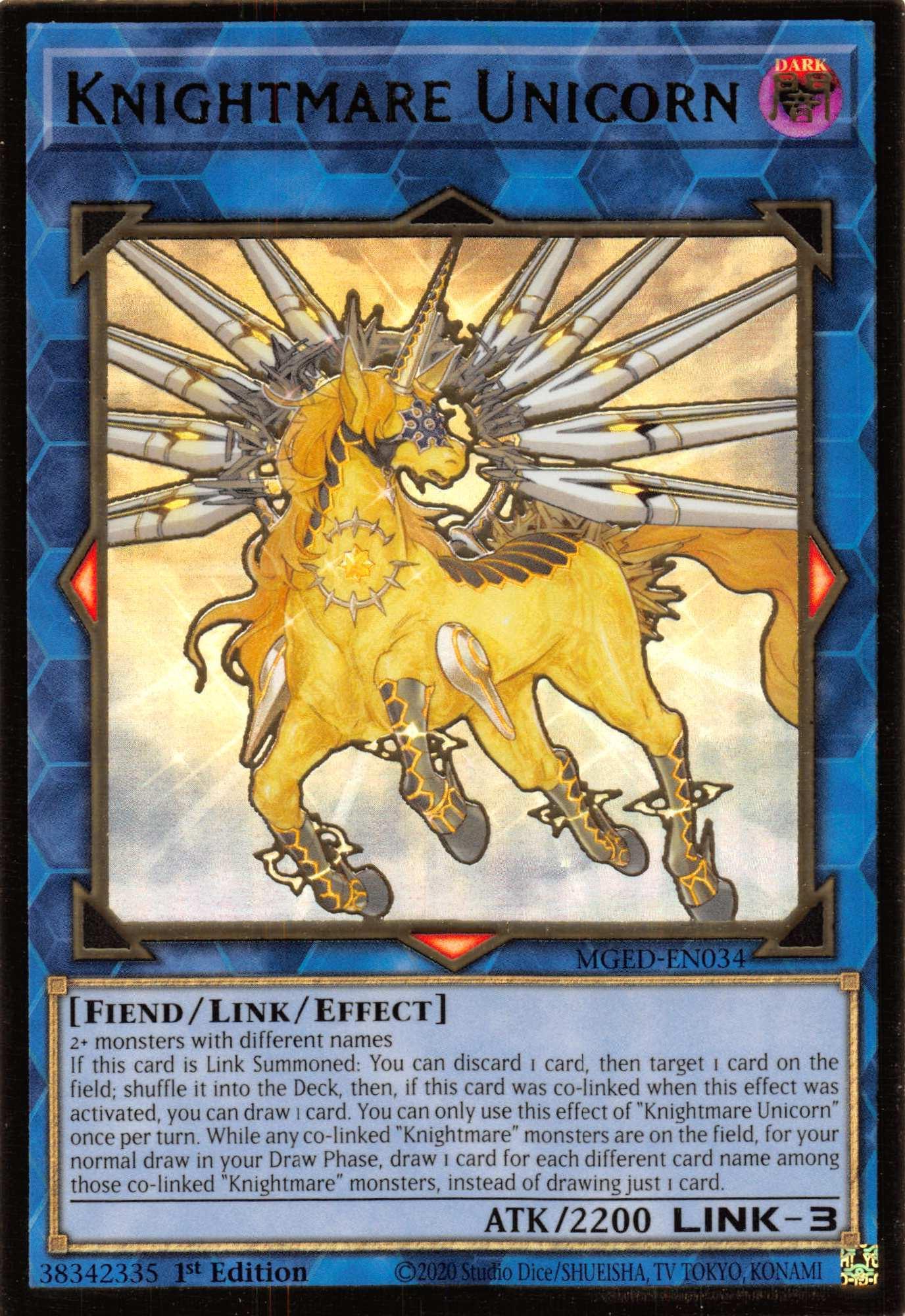 1st Edition, Dark, Fiend, Gold Rare, Link/Effect Monster, Maximum Gold: El Dorado Knightmare Unicorn [MGED-EN034] Gold Rare - Trading Card World