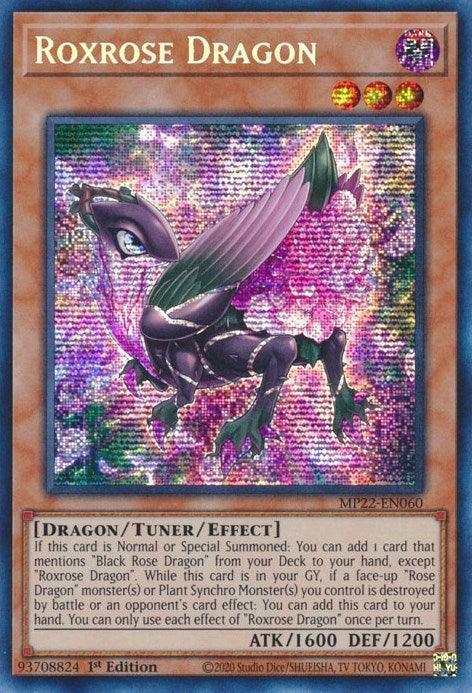 1st Edition, 2022 Tin of the Pharaoh's Gods, Dark, Dragon, Prismatic Secret Rare, Tuner/Effect Monster Roxrose Dragon [MP22-EN060] Prismatic Secret Rare - Trading Card World