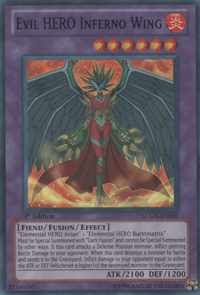 1st Edition, Fiend, Fire, Fusion/Effect Monster, Legendary Collection 2, Super Rare, Unlimited Evil HERO Inferno Wing [LCGX-EN067] Super Rare - Trading Card World