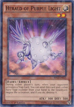 1st Edition, Battle Pack 3: Monster League, Effect Monster, Fairy, Light, Shatterfoil Rare Herald of Purple Light [BP03-EN023] Shatterfoil Rare - Trading Card World